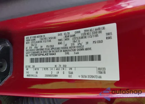 2020 Ford F-150 Xlt из США, поврежденный, VIN 1FTEW1EP4LKE16643